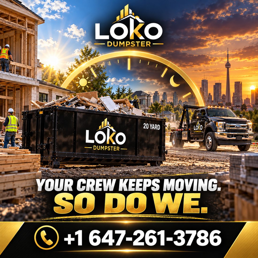 LOKO Dumpster 20 yard roll-off bin and delivery truck on a construction site